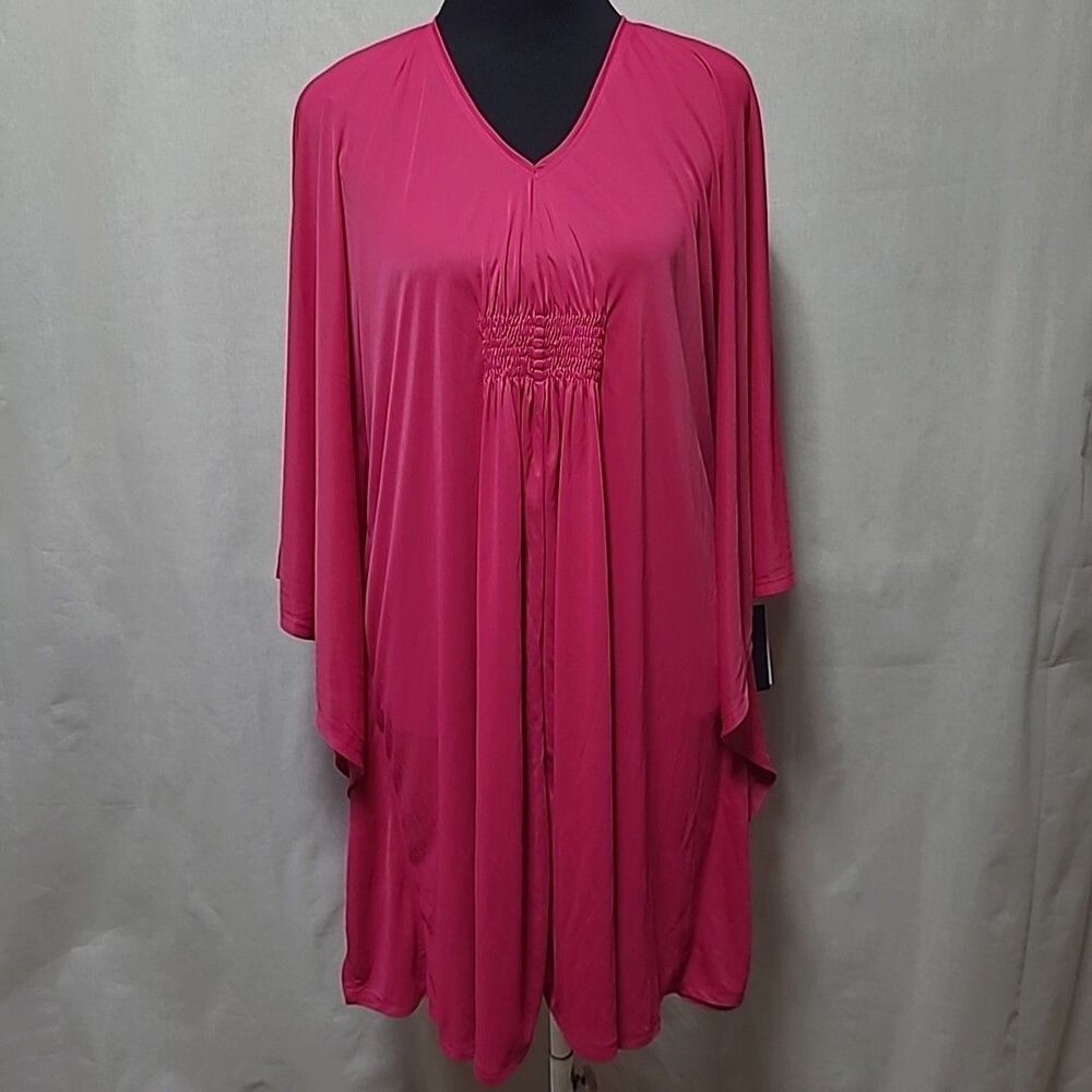 Natori Aphrodite Ruched Tunic Size S Pink Oversized Flowy Hibiscus Caftan